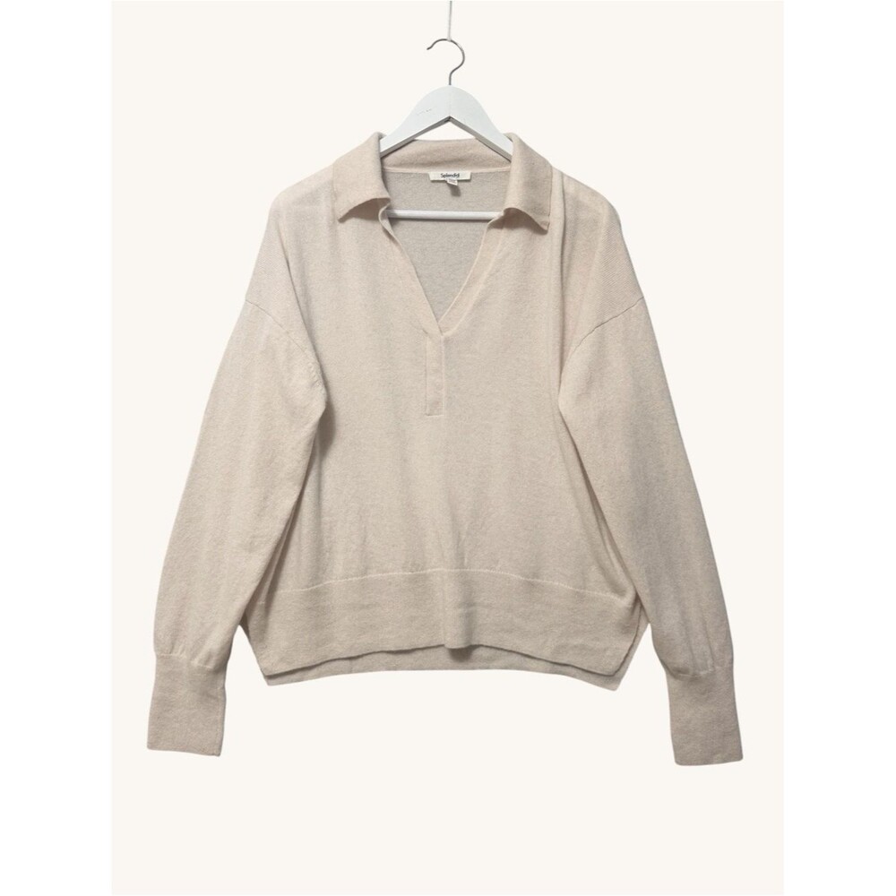 Splendid Beige 100% Cashmere Polo Sweater Size XL Quiet Luxury Minimalist Preppy